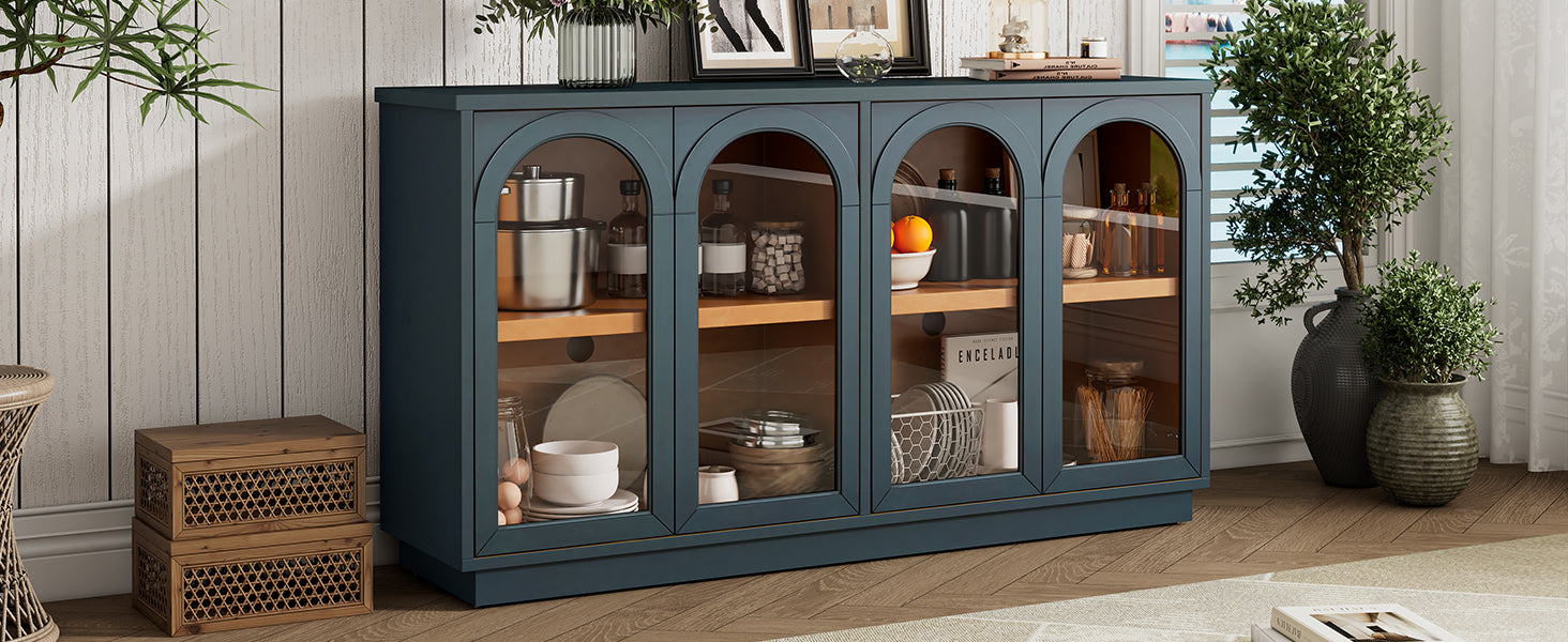 TREXM 4-Door Large Storage Buffet Cabinet with Glass Doors, Arched Cabinet with Adjustable Shelves for Kitchen, Dining Room and Living Room (Navy) - Grand Goldman Shop