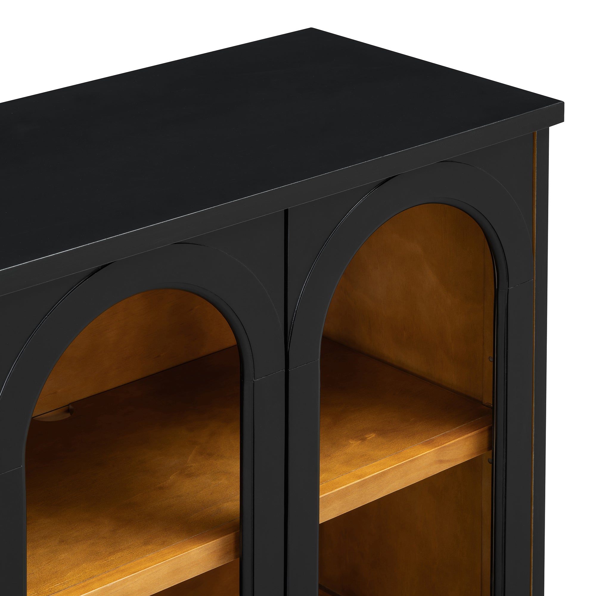 TREXM 4-Door Large Storage Buffet Cabinet with Glass Doors, Arched Cabinet with Adjustable Shelves for Kitchen, Dining Room and Living Room (Black) - Grand Goldman Shop