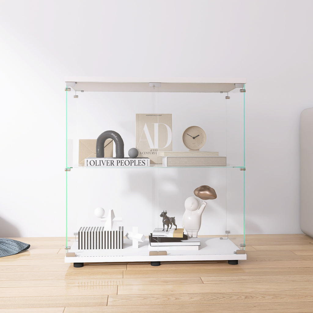 Two-door Glass Display Cabinet 2 Shelves with Door, Floor Standing Curio Bookshelf for Living Room Bedroom Office, 33.35'*31.
