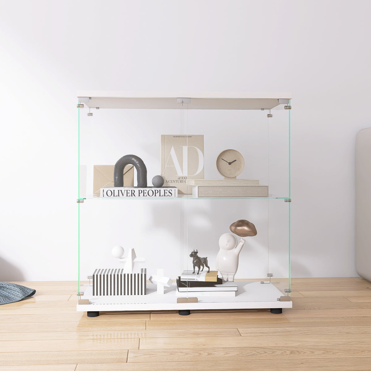 Two-door Glass Display Cabinet 2 Shelves with Door, Floor Standing Curio Bookshelf for Living Room Bedroom Office, 33.35'*31.