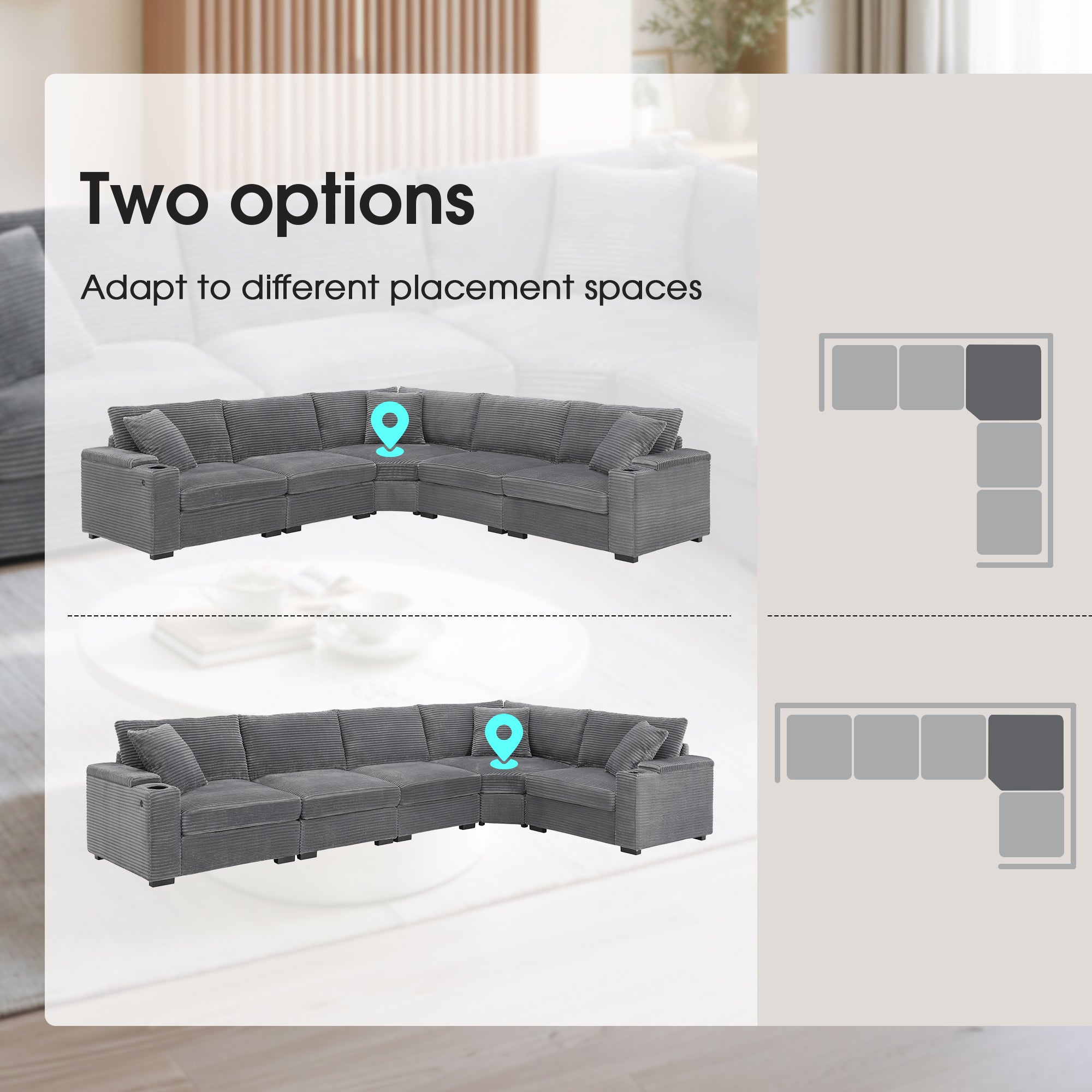106' Convertible L Shaped Sectional Sofa,Corduroy Corner Couch with Armrest Storage,Cup Holders,USB Charger,Irregular Corner,Oversized Comfy Modular Sofa for Living Room,Apartment,2 Colors - Grand Goldman Shop