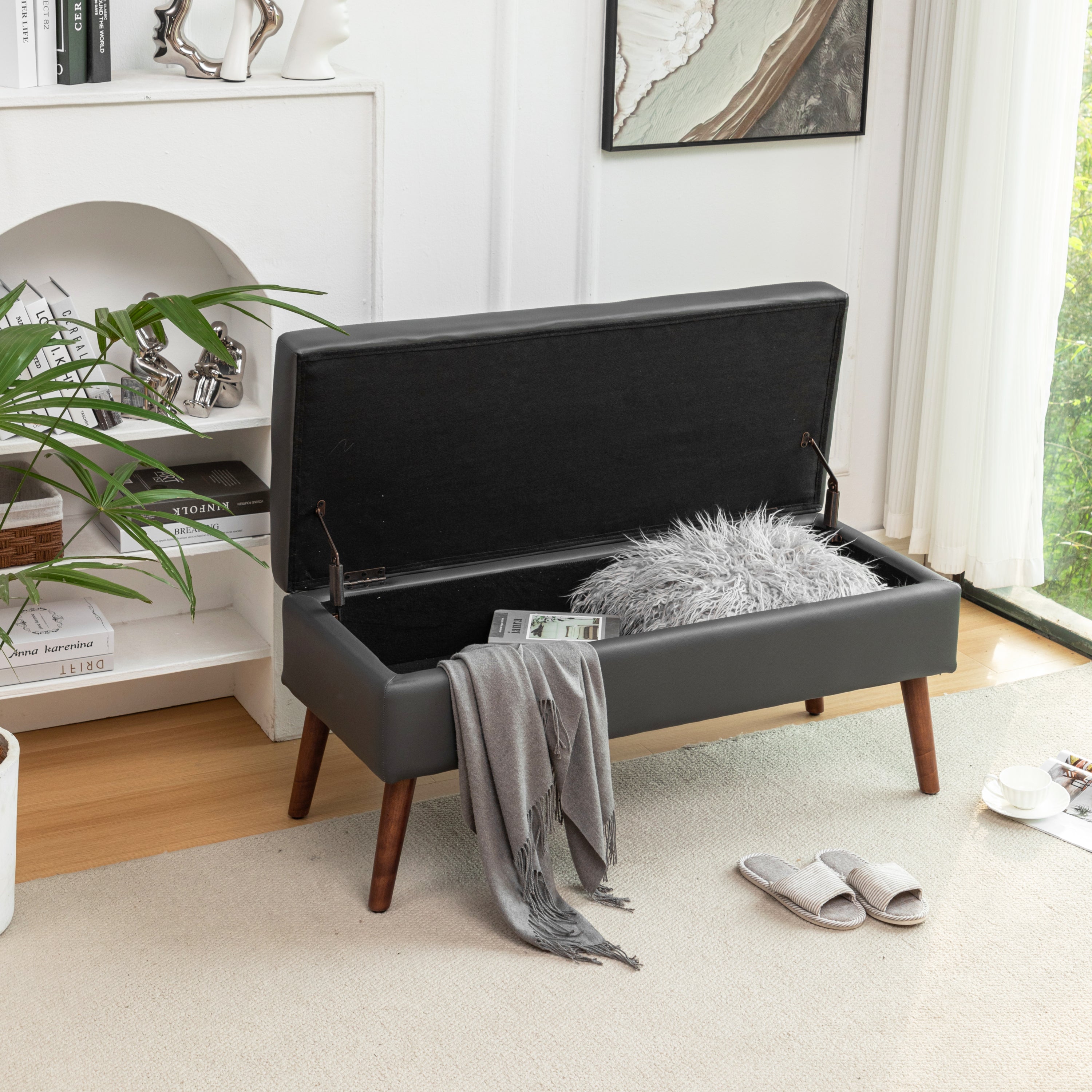 Storage Bench with Storage Bench for Bedroom End of Bed Bench Foot of Bed Bench Entryway Bench Storage Ottoman Bench 43.3' W x 17.7' Dark Grey Leather Bench - Grand Goldman Shop