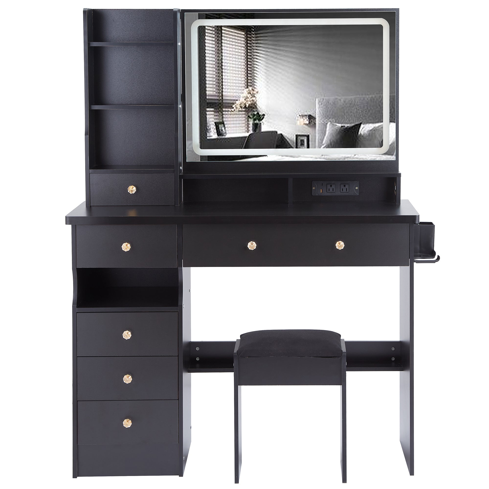 41' Large Size Left Drawer Desktop Vanity Table+Cushioned Stool Dresser Set, 2 AC+2 USB Power Station, Hair Dryer Stand, Extra Large Touch Control LED Mirror, 3-color Switch, EPA, GCC, UL Certificate - Grand Goldman Shop