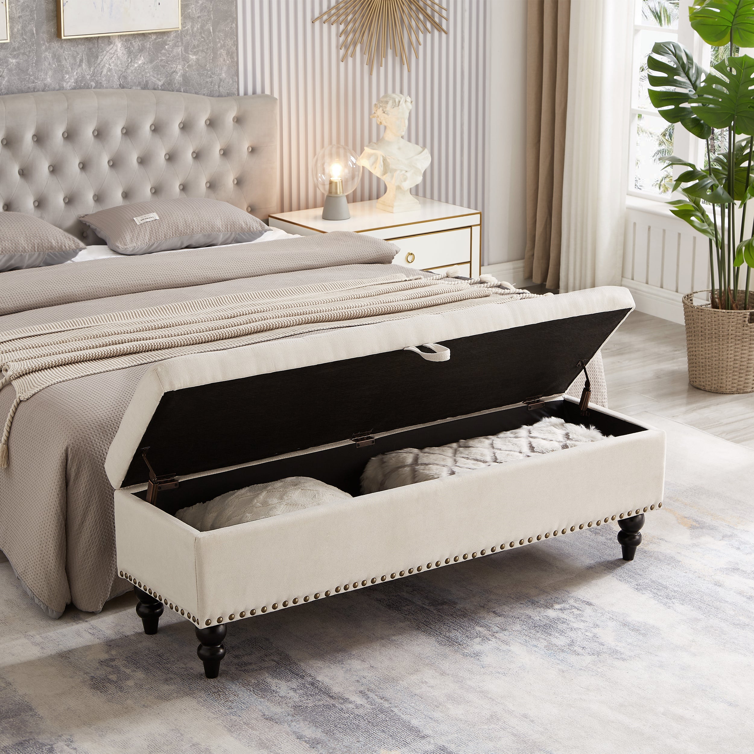 59' Bed Bench Ottoman with Storage  Beige Fabric - Grand Goldman Shop