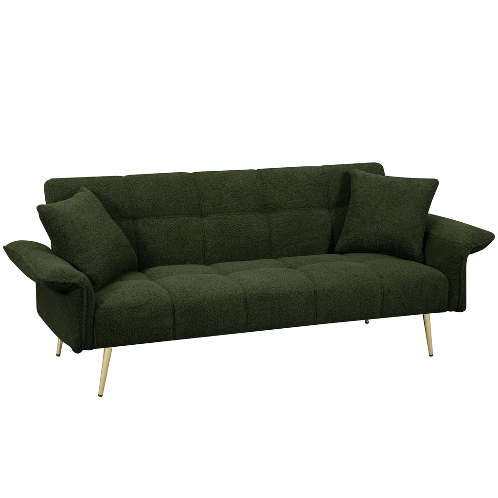 Green Teddy Velvet Futon Sofa Bed with Folding Armrests, Convertible Double Sofa Bed for Small Living Rooms and Studios - Grand Goldman Shop