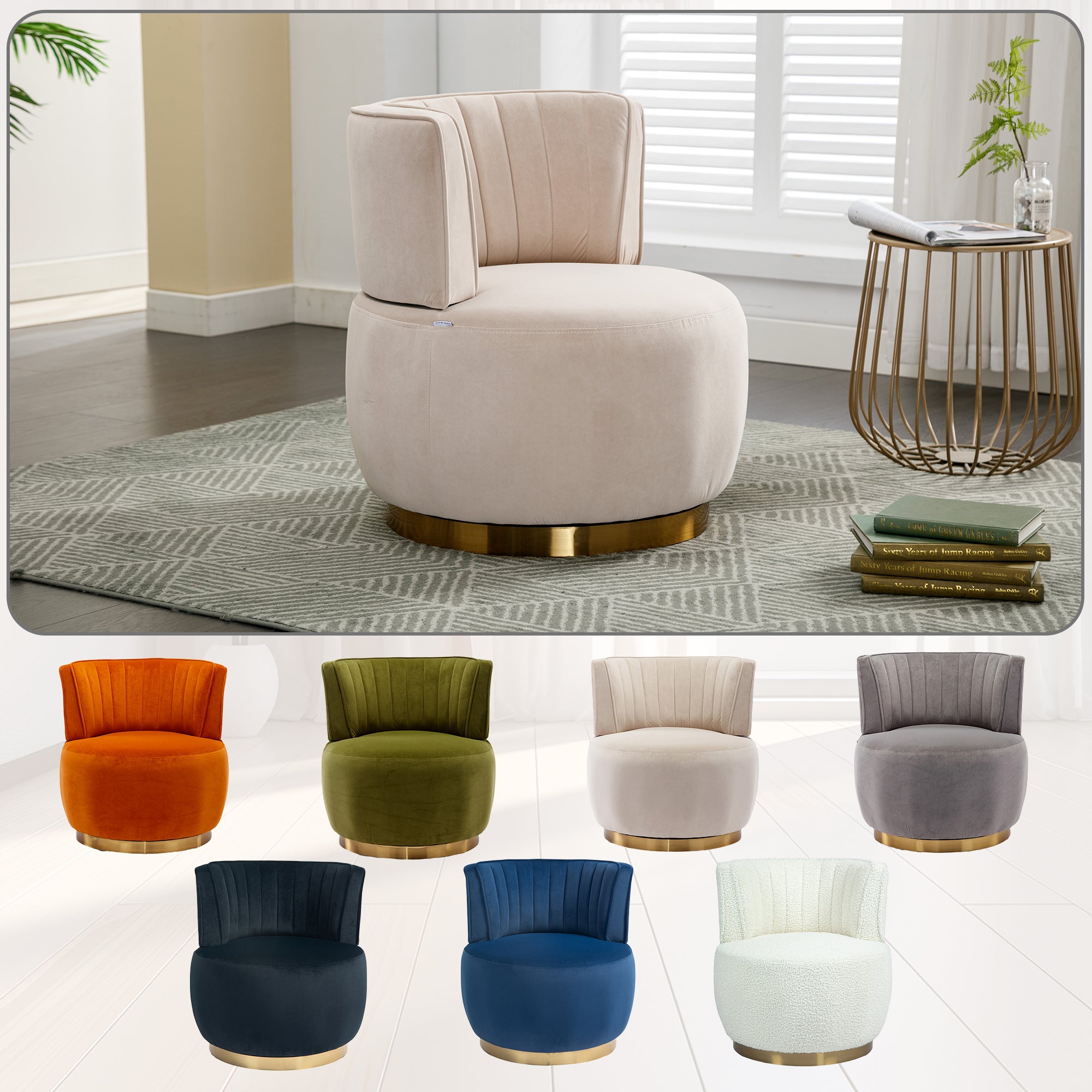 Swivel Barrel Accent Sofa Chair, 360 Degree Rotation, Fluffy Velvet Fabric, Beige, 25.20'' x 25.59'' x 26.38'' - Grand Goldman Shop