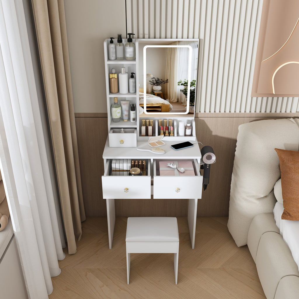 Modern White Vanity Desk with 3 LED Lighting Modes, 3 Drawers, Open Shelves, Hair Dryer Holder, and Dressing Chair - MDF Construction - Grand Goldman Shop