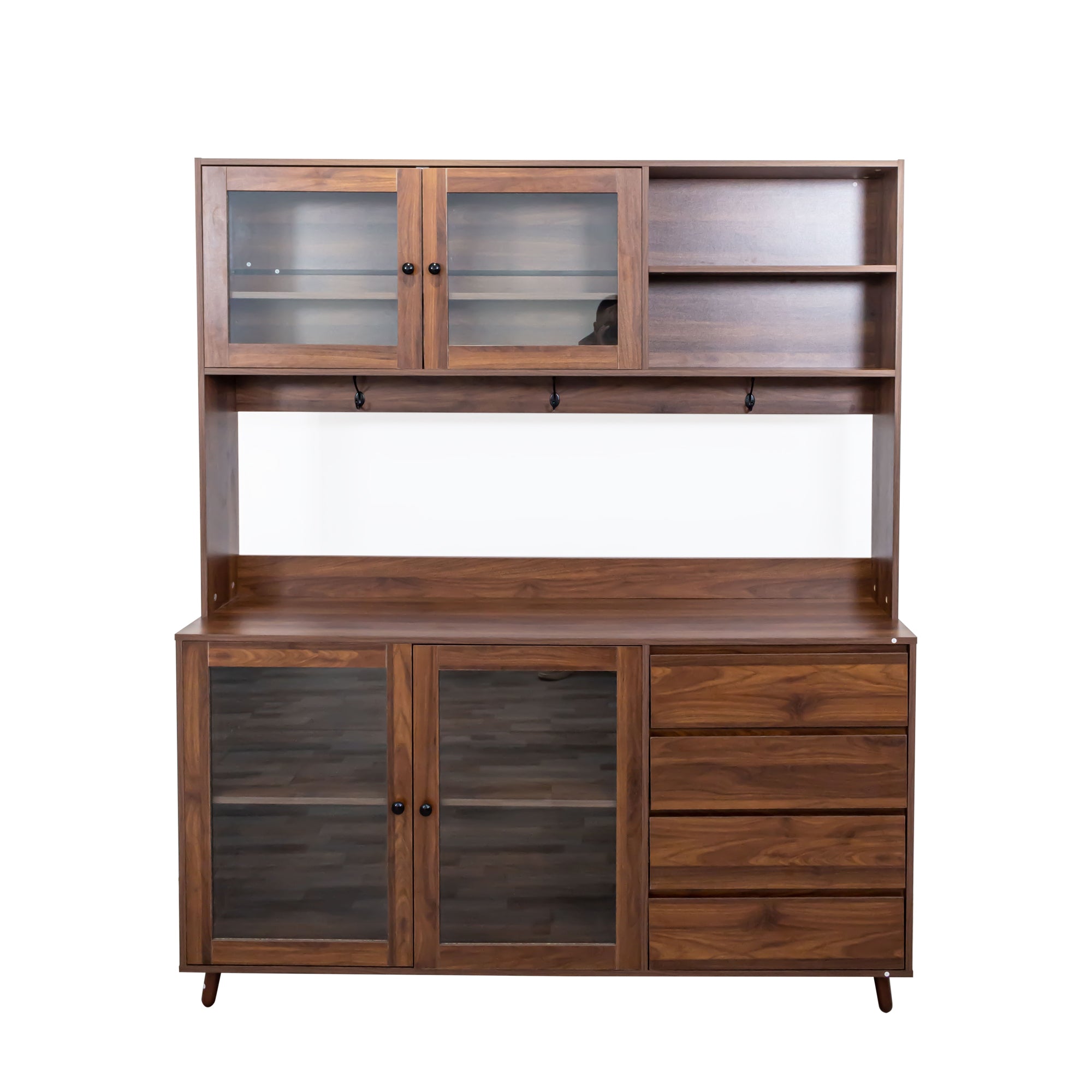63' W Large Kitchen Hutch Cabinet, Freestanding Pantry Cabinets Storage Kitchen Cupboard with 4 Doors, 4 Drawers & Microwave Shelf, Walnut - Grand Goldman Shop