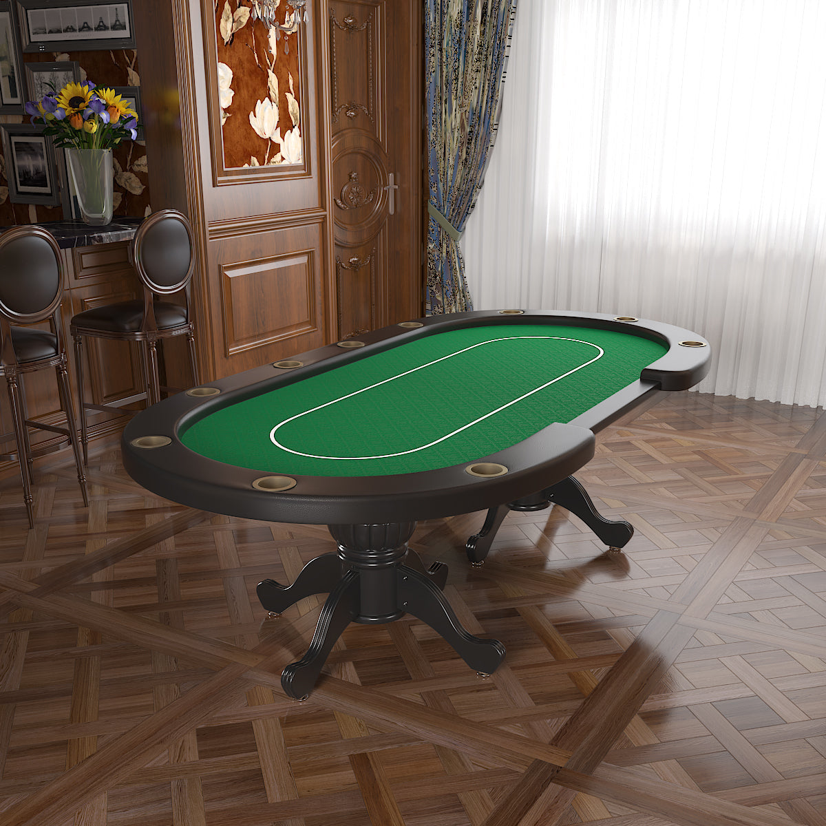 96' Oval Aura Poker Table for 10 Players Texas Holdem Poker Card with Bet Line Felt Surface Jumbo Cup Holders Green | Premium