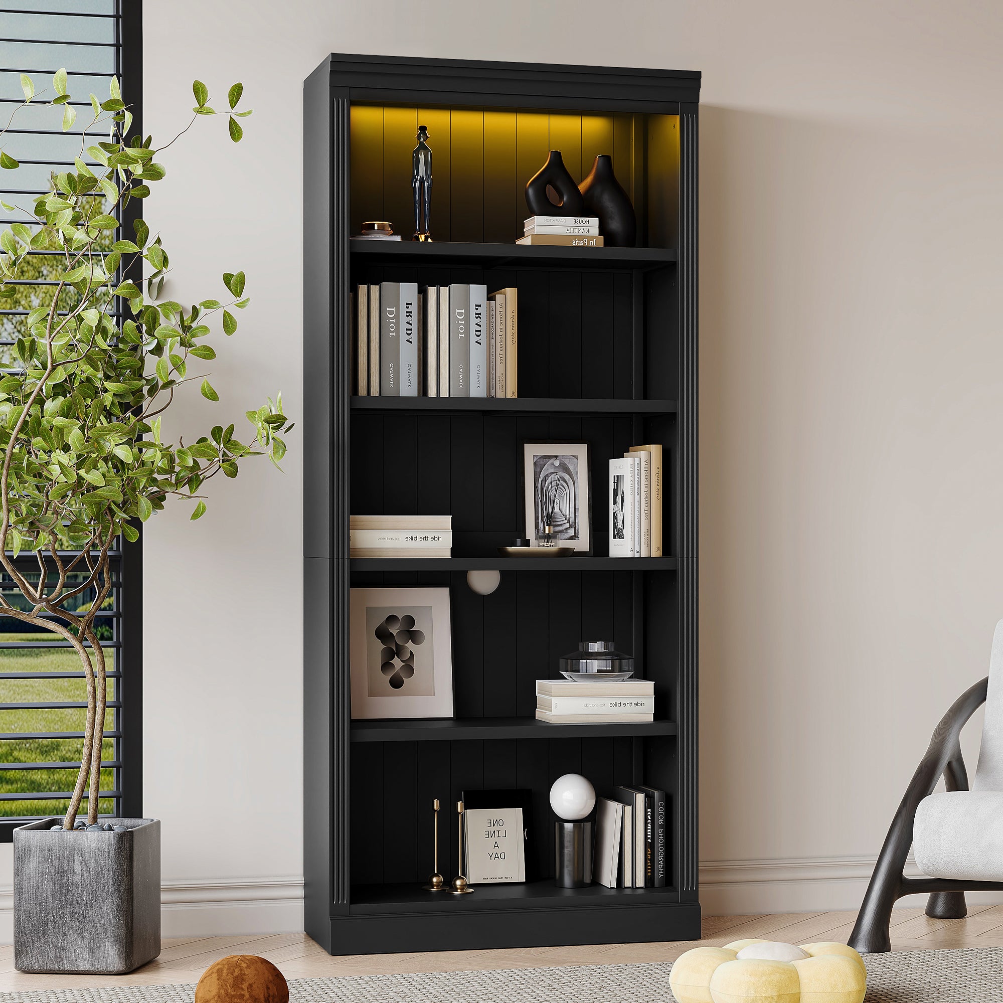 83.4' Tall Wood Bookcase with light strip,5-Tier Decor Bookshelves with Adjustable Shelves,Storage Organizer for CDs/Books/Mo