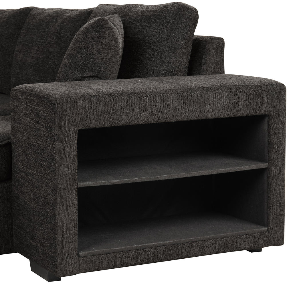 Modern L-Shape 3 Seat Reversible Sectional Couch with Pull Out Sleeper Sofa, Storage Chaise, 2 Stools, Charcoal Grey, Linen Chenille - Grand Goldman Shop