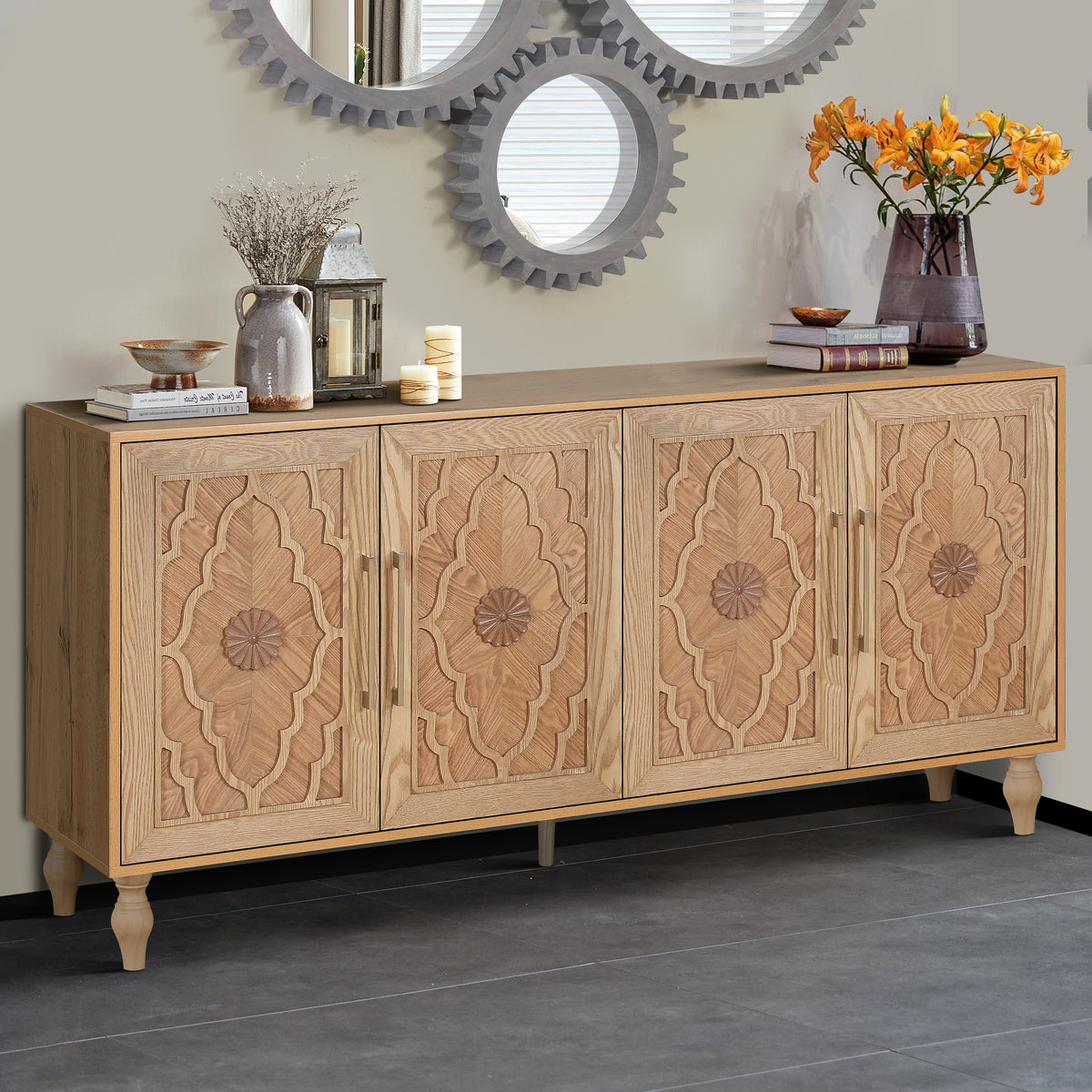 Carved Flower Door Large Storage Cabinet With Metal Handle Suitable For Living Room, Kitchen, Entryway(NATURAL WOOD) - Grand Goldman Shop