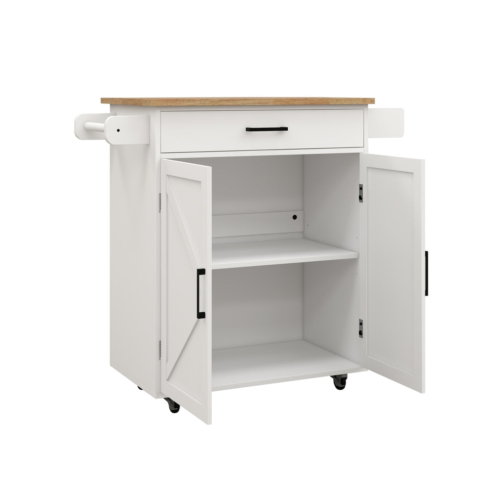 Kitchen island rolling trolley cart with Adjustable Shelves & towel rack & seasoning rack rubber wood table top-White - Grand Goldman Shop