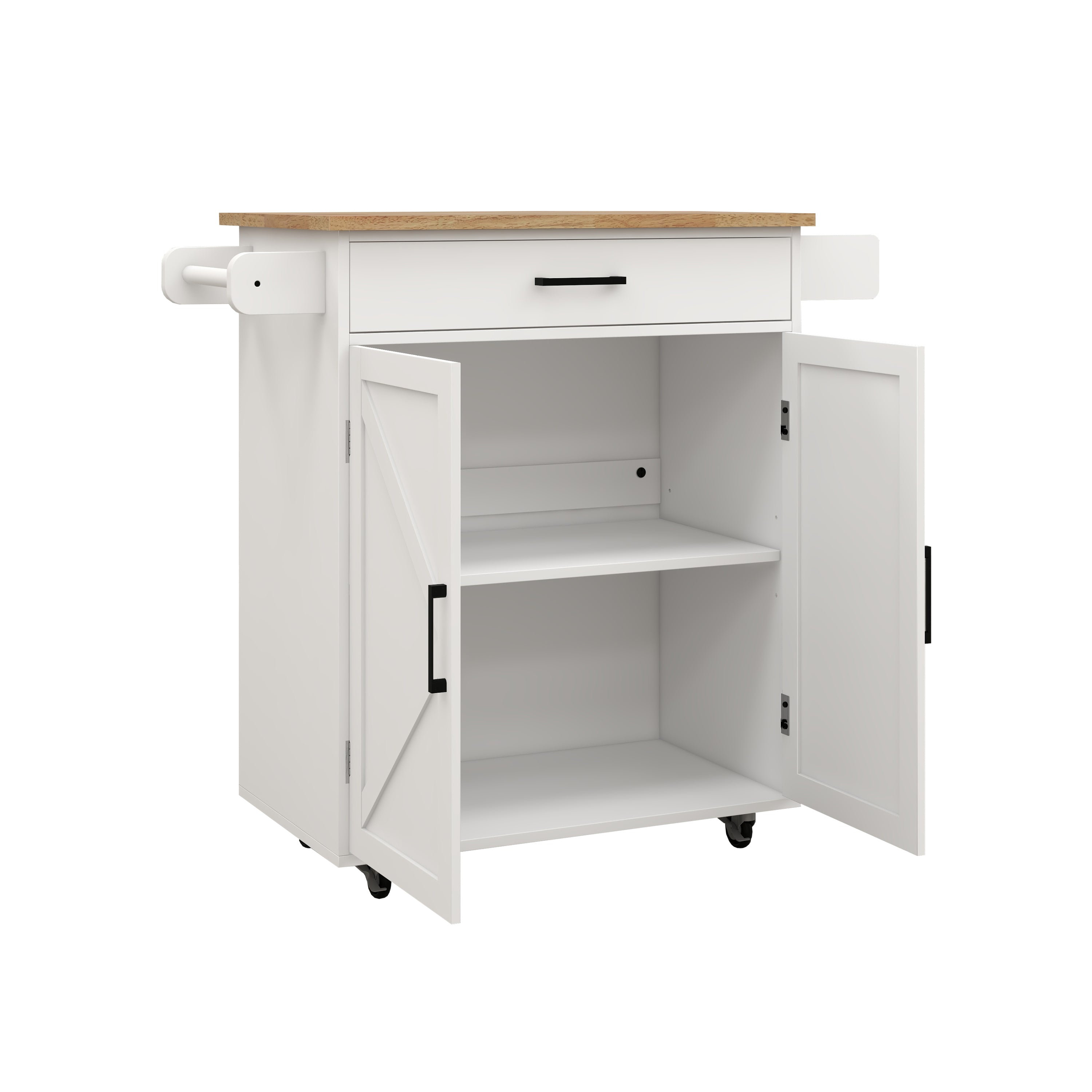 Kitchen island rolling trolley cart with Adjustable Shelves & towel rack & seasoning rack rubber wood table top-White - Grand Goldman Shop