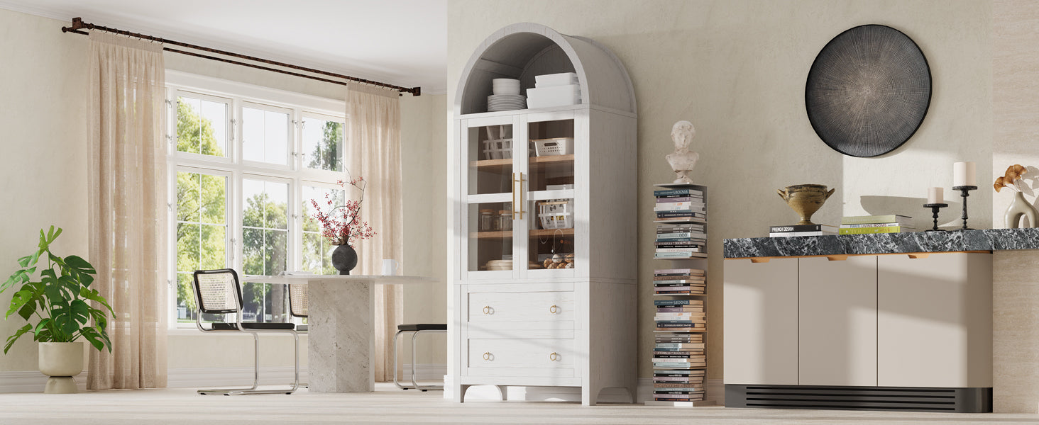 K&K 71' Tall Arched Kitchen Pantry Cabinet with 2 Large Drawers, Modern Farmhouse Kitchen Storage Cabinets with Adjustable Shelves, Glass Door, Wood Versatile Cupboard for Kitchens, Dining Room, White - Grand Goldman Shop