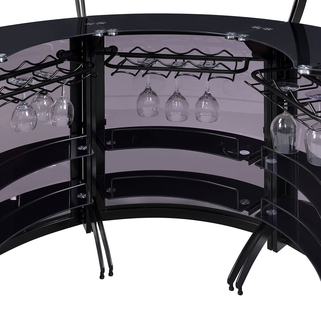 Elaina Black 3-Piece Curved Freestanding Home Bar with Smoked Acrylic Panels and Silver Metal Frame, Black Finish, Glass and Metal Construction - Grand Goldman Shop