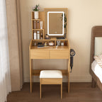 Modern Wood Vanity Table with LED Mirror, Power Outlet, Hairdryer Holder & Padded Stool – Compact Dressing Desk for Small Bedrooms - Grand Goldman Shop
