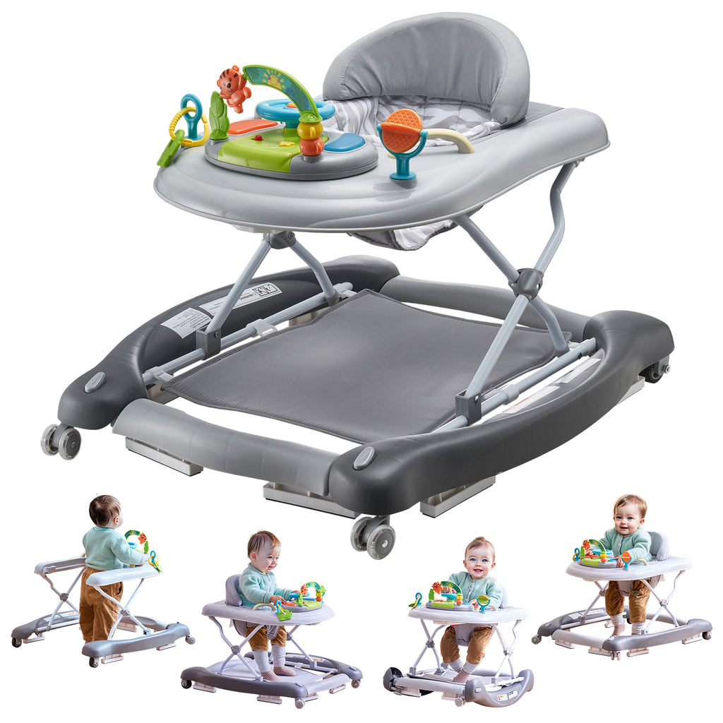 4-in-1 Baby Walker, Foldable Baby Activity Center on Wheels, 3 Adjustable Height, Music & Toys Tray, Learning-Seated,Walk-Beh