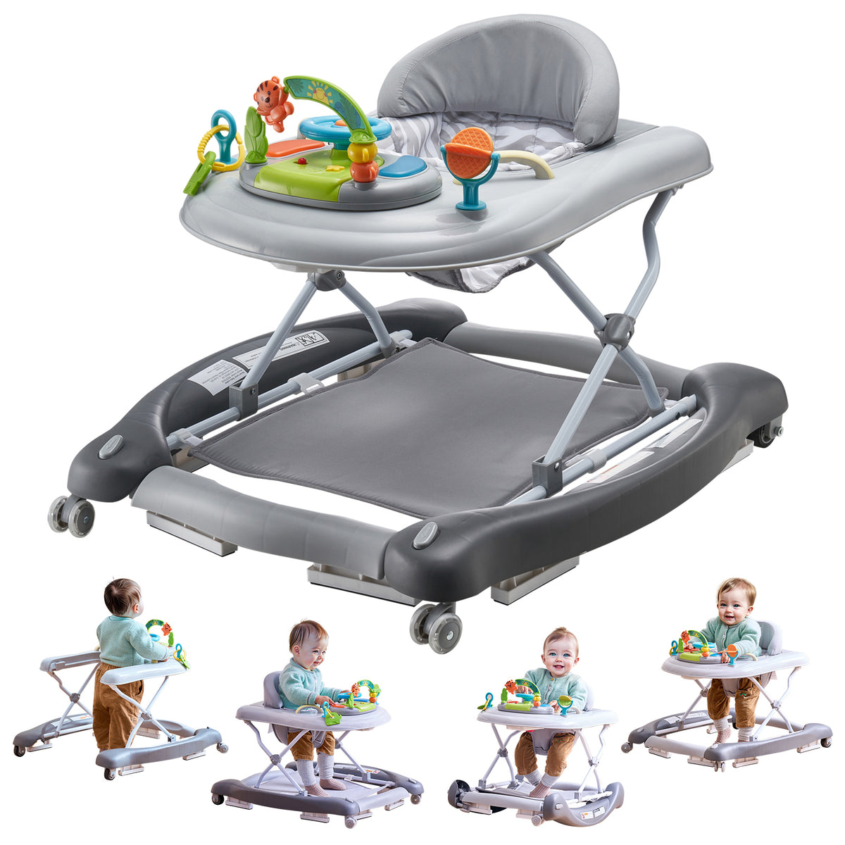 4-in-1 Baby Walker, Foldable Baby Activity Center on Wheels, 3 Adjustable Height, Music & Toys Tray, Learning-Seated,Walk-Beh