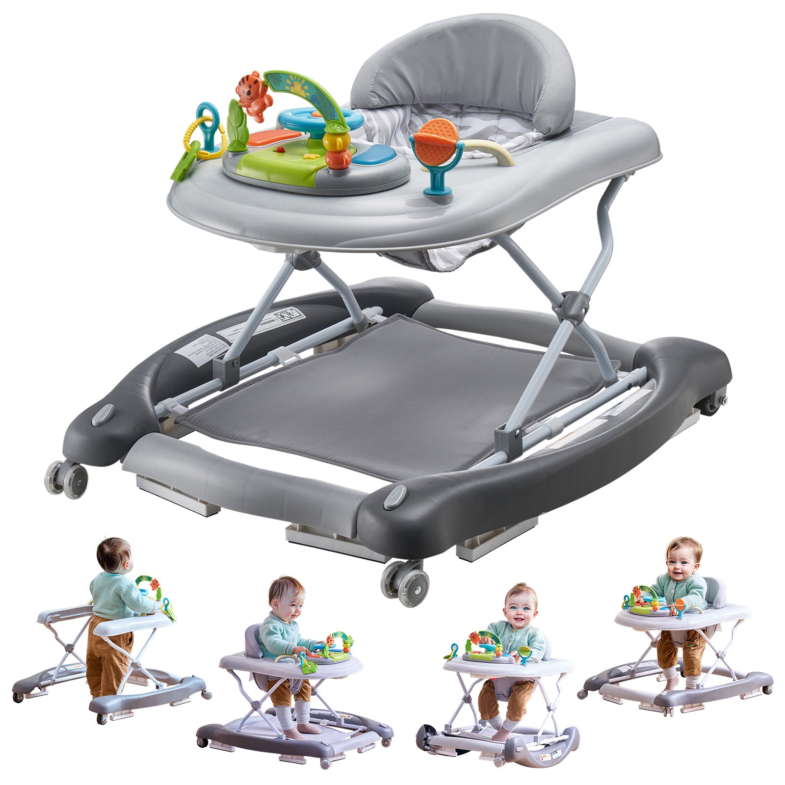 4-in-1 Baby Walker, Foldable Baby Activity Center on Wheels, 3 Adjustable Height, Music & Toys Tray, Learning-Seated,Walk-Beh