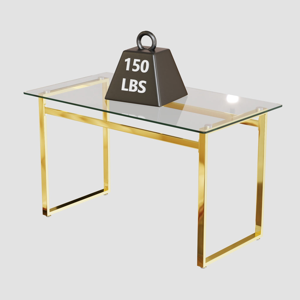 Modern Minimalist Rectangular Glass Dining Table with Tempered Glass Tabletop and Golden Chrome Metal Legs for 4-6 - Grand Goldman Shop