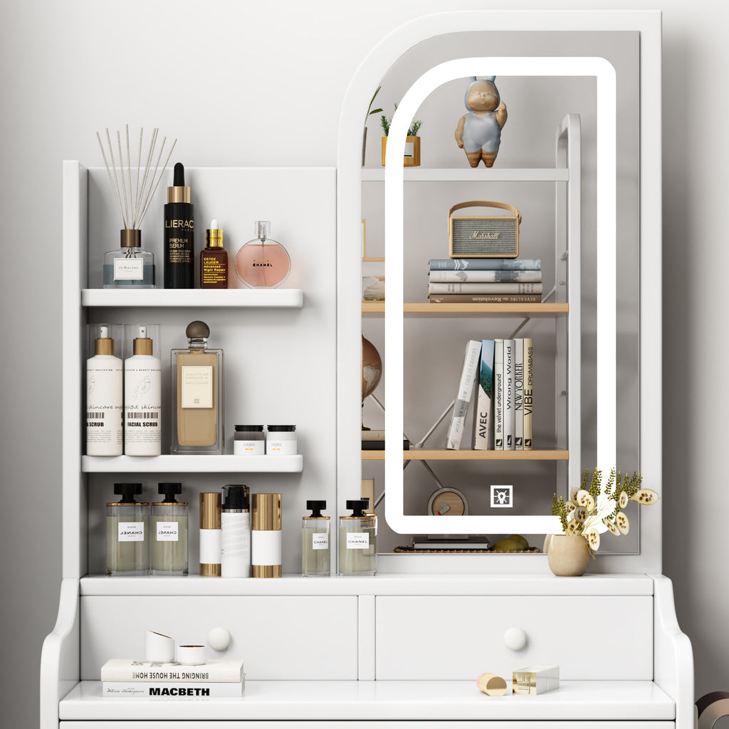 Modern Vanity Desk with Adjustable LED Lights, Mirror, Hair Dryer Holder & Chair in White MDF, 3-Drawer Storage Set - Grand Goldman Shop