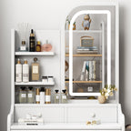 Modern Vanity Desk with Adjustable LED Lights, Mirror, Hair Dryer Holder & Chair in White MDF, 3-Drawer Storage Set - Grand Goldman Shop