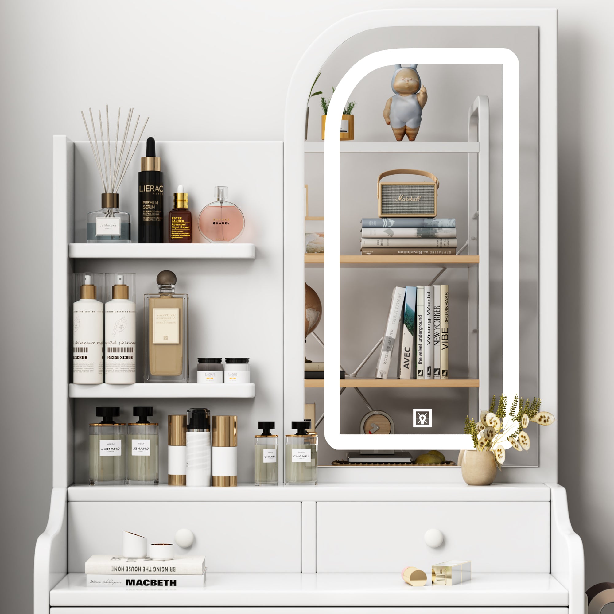 Modern Vanity Desk with Adjustable LED Lights, Mirror, Hair Dryer Holder & Chair in White MDF, 3-Drawer Storage Set - Grand Goldman Shop