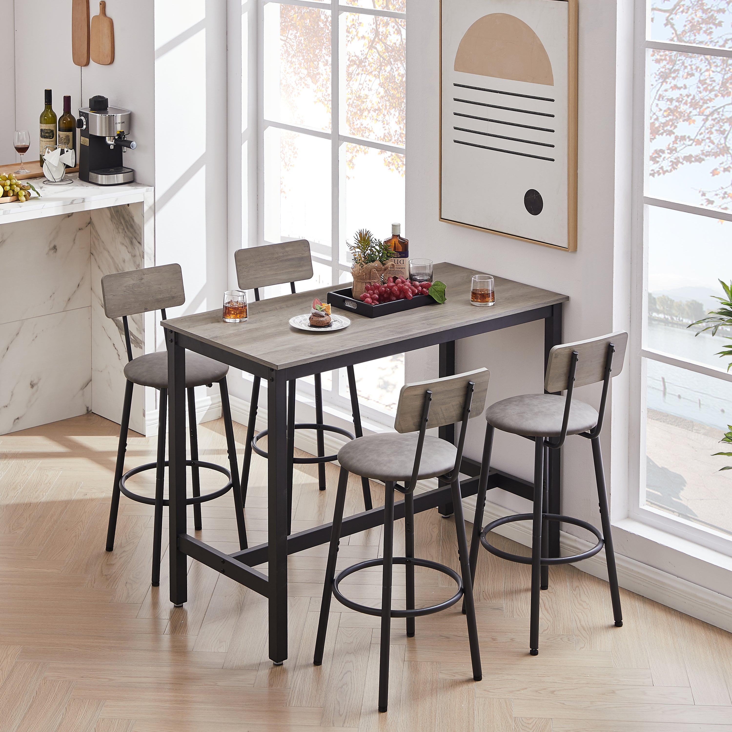 Bar Table Set with 4 Bar stools PU Soft seat with backrest, Grey, 47.24'' L x 23.62'' W x 35.43'' H - Grand Goldman Shop