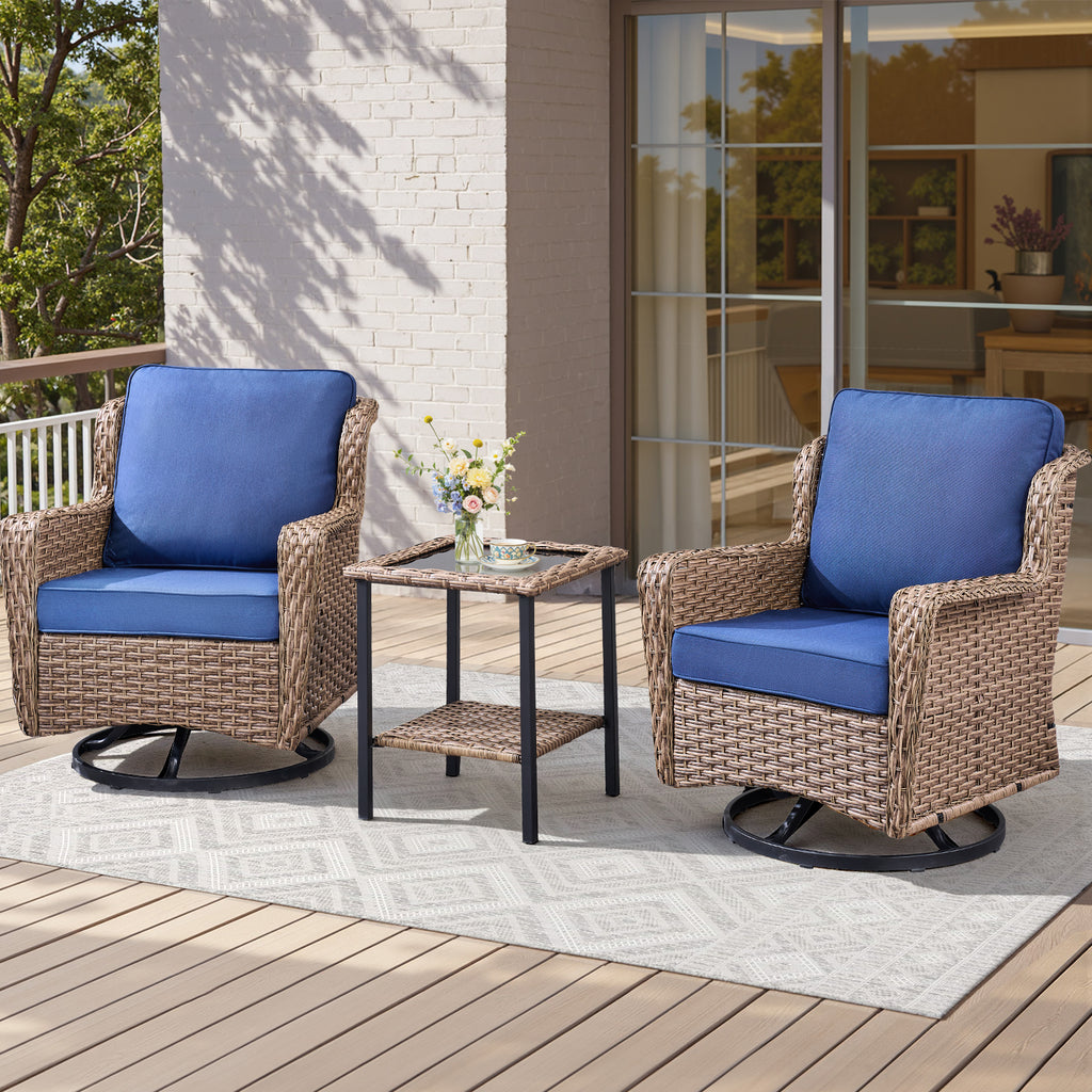 2-Personen-Outdoor-Sitzgruppe aus Polyrattan mit Schaukelsesseln, Beistelltisch und Kissen