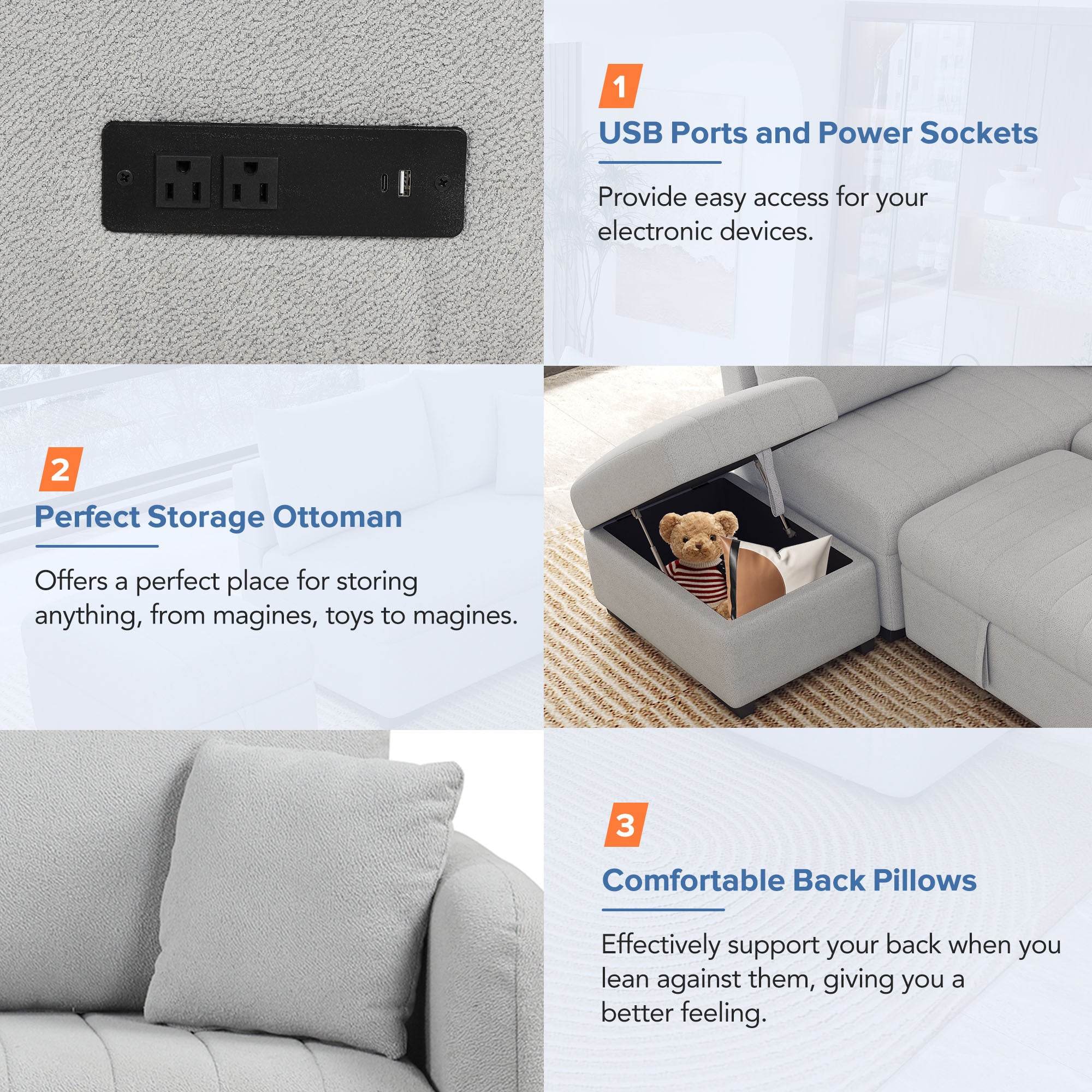 Modern L-shaped Sectional Pull Out Sofa Bed with USB Ports & Storage Ottoman, Gray Jacquard Fabric, 82.6' - Grand Goldman Shop