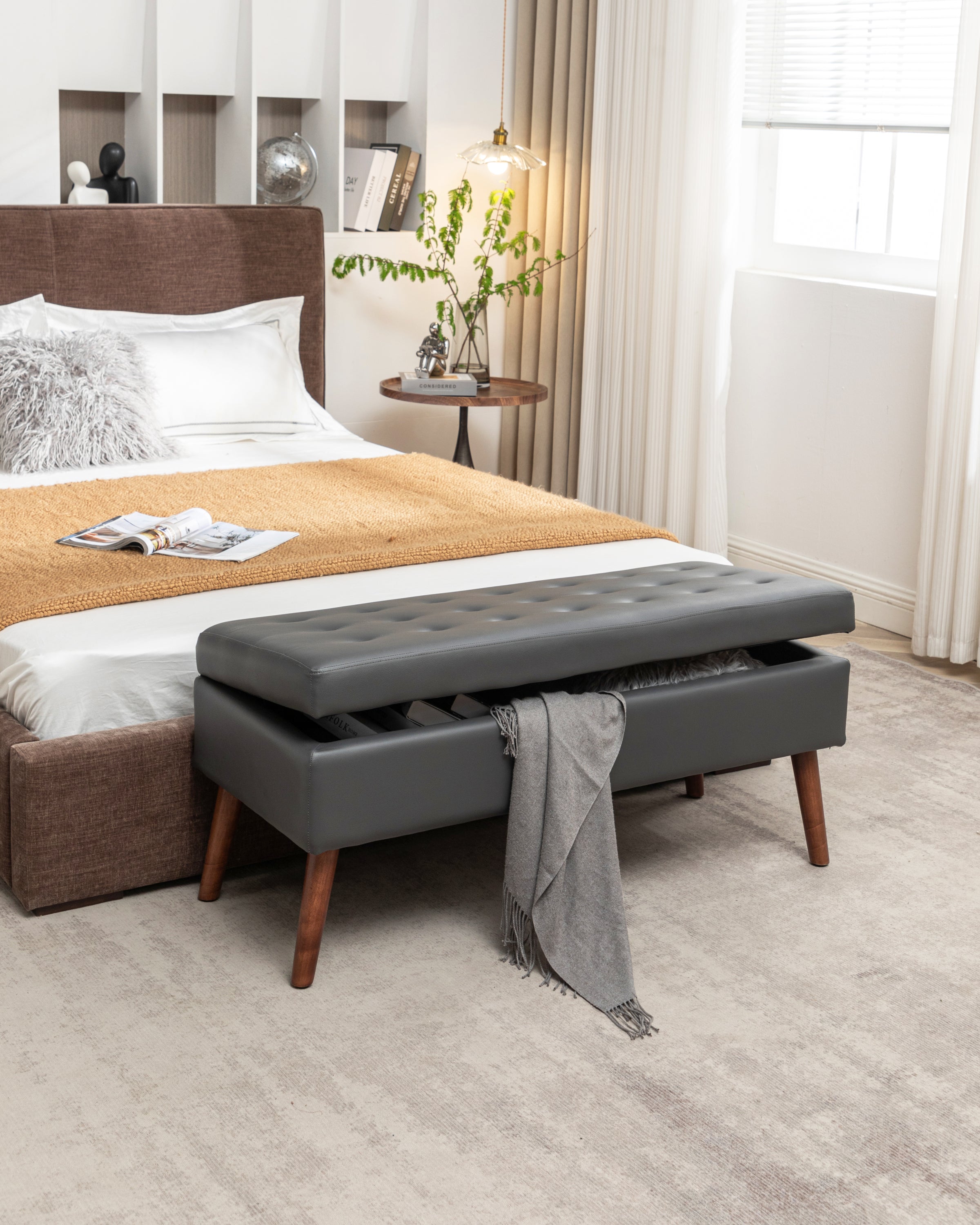 Storage Bench with Storage Bench for Bedroom End of Bed Bench Foot of Bed Bench Entryway Bench Storage Ottoman Bench 43.3' W x 17.7' Dark Grey Leather Bench - Grand Goldman Shop