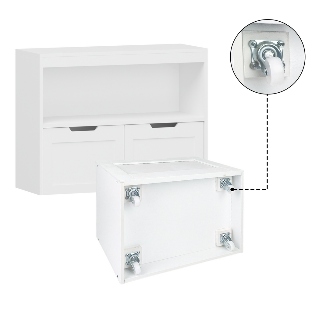White Book Organizer with Large Drawers and Open Shelves, MDF Toy Storage Cabinet with Removable Wheels and Rounded Edges - G