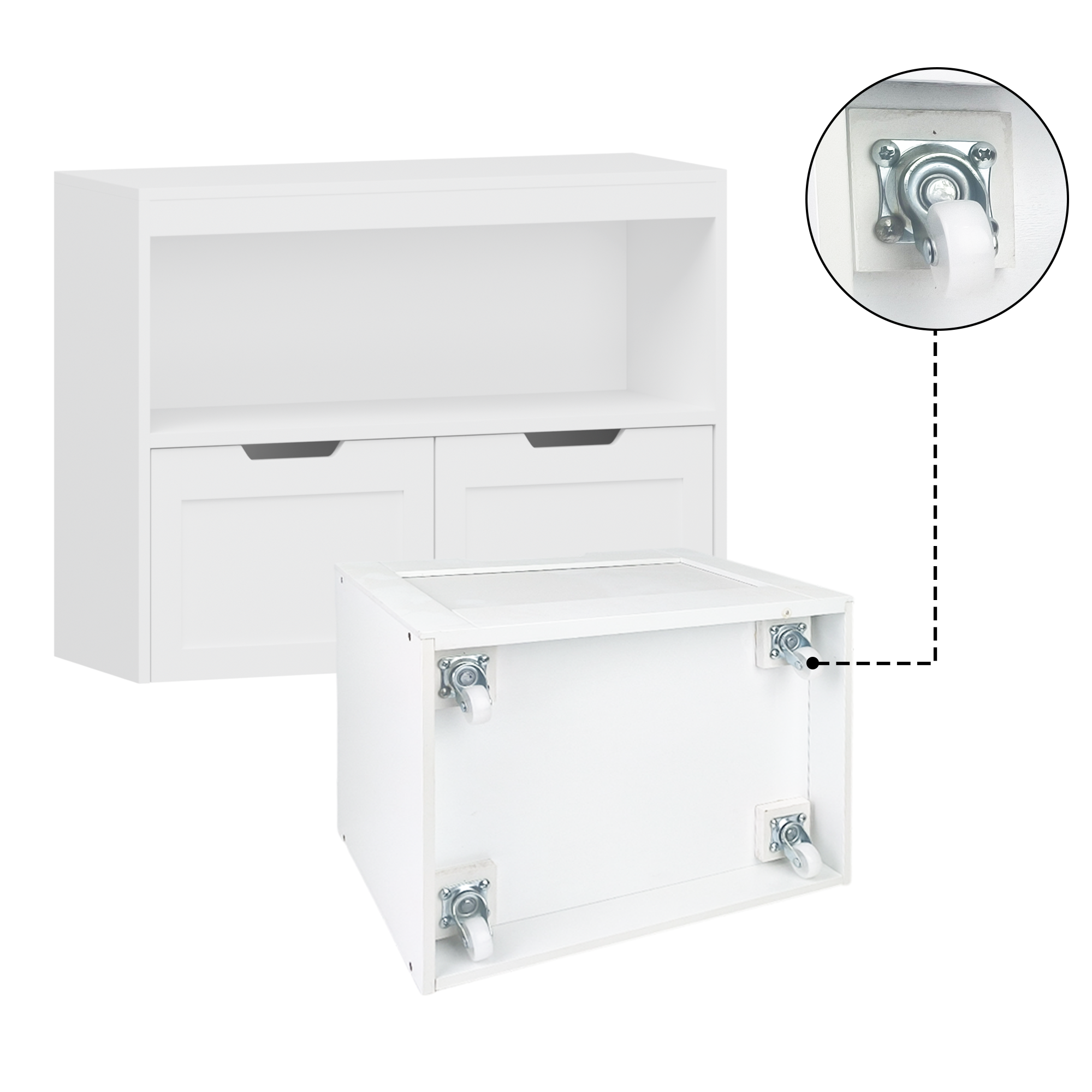 White Book Organizer with Large Drawers and Open Shelves, MDF Toy Storage Cabinet with Removable Wheels and Rounded Edges - G
