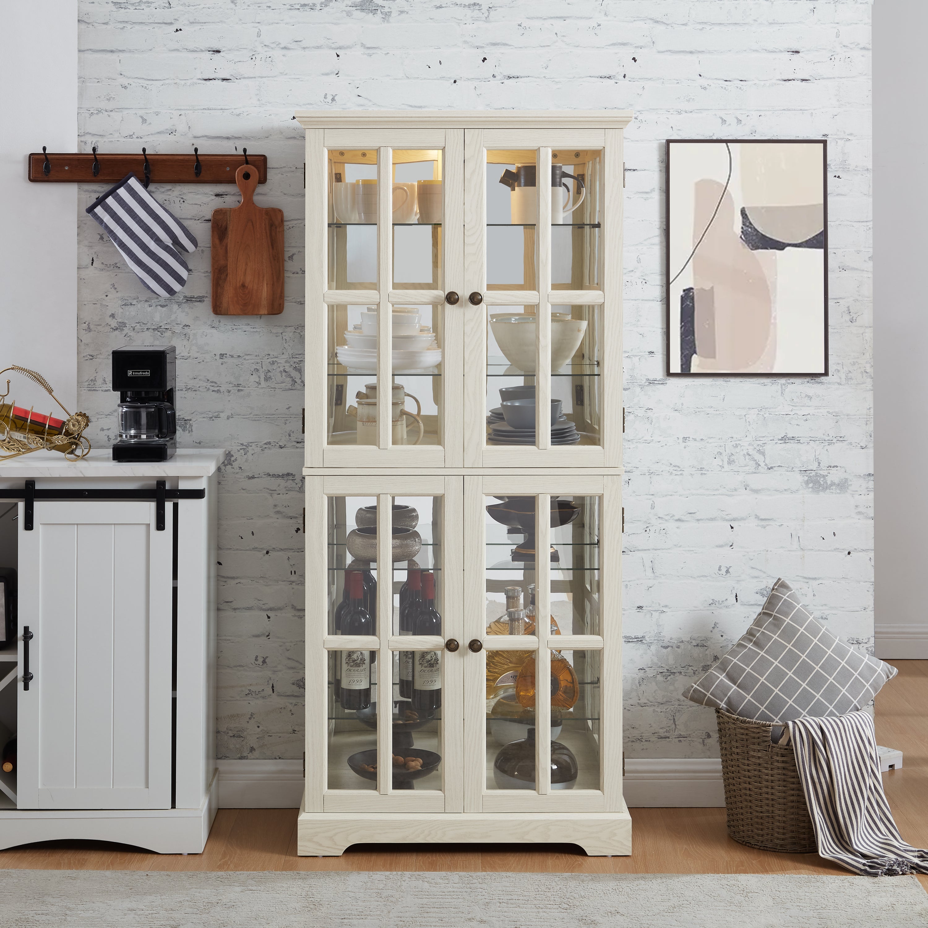 Curio Display Cabinet,Antique Display Cabinet with Glass Doors Adjustable Shelves for Collectibles Four Door Design Vintage Showcase for Home or Office Antique Display Case E26 Bulb Included  WHI - Grand Goldman Shop