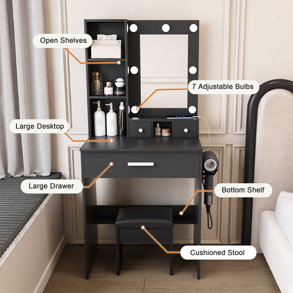 Black Vanity Table with Adjustable LED Mirror, Power Outlet, Hairdryer Holder & Matching Stool – Compact Dressing Desk for Small Bedrooms - Grand Goldman Shop