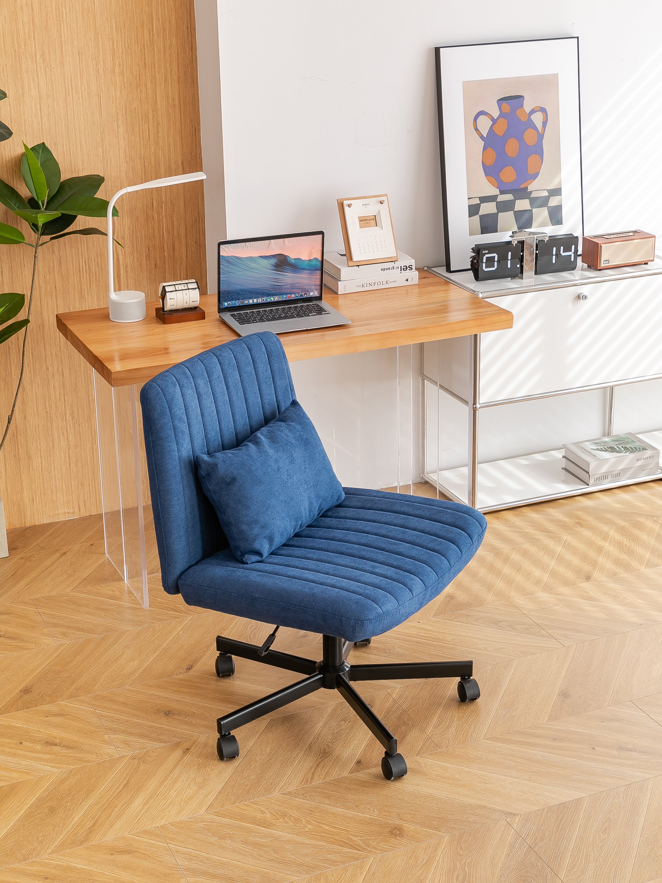 Modern Linen Blue Criss Cross Office Chair with Adjustable Height, Ergonomic Design, and Breathable Fabric in Blue Linen Mate