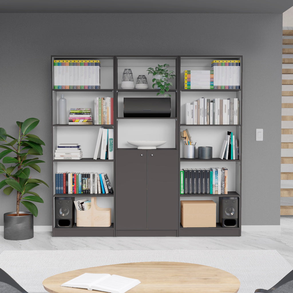 Lecanto 3 Piece Home Bookcase set, 74' Wide with 13 Shelves and 2-door Cabinet ,  Living Room Set  Matt Gray / White | Premiu