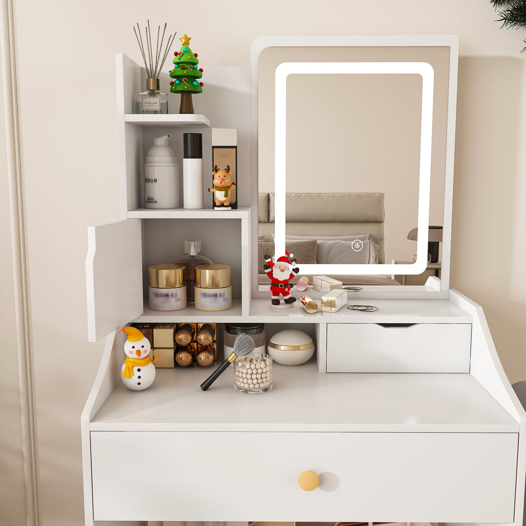 Pink LED Vanity Mirror with Stool, 2 Drawers & 5 Storage Cabinets, Adjustable Lighting, White MDF Dressing Table for Bedroom - Grand Goldman Shop