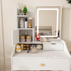 Pink LED Vanity Mirror with Stool, 2 Drawers & 5 Storage Cabinets, Adjustable Lighting, White MDF Dressing Table for Bedroom - Grand Goldman Shop
