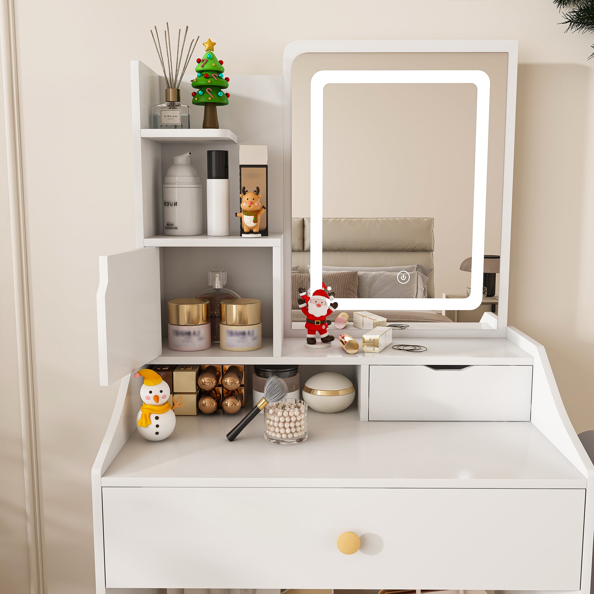 Pink LED Vanity Mirror with Stool, 2 Drawers & 5 Storage Cabinets, Adjustable Lighting, White MDF Dressing Table for Bedroom - Grand Goldman Shop