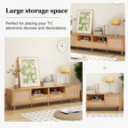 Modern Farmhouse Rattan TV Stand for TVs up to 85'', Solid Wood Legs, Media Console with MDF Board, Living Room Entertainment Center in Wood Finish - Grand Goldman Shop