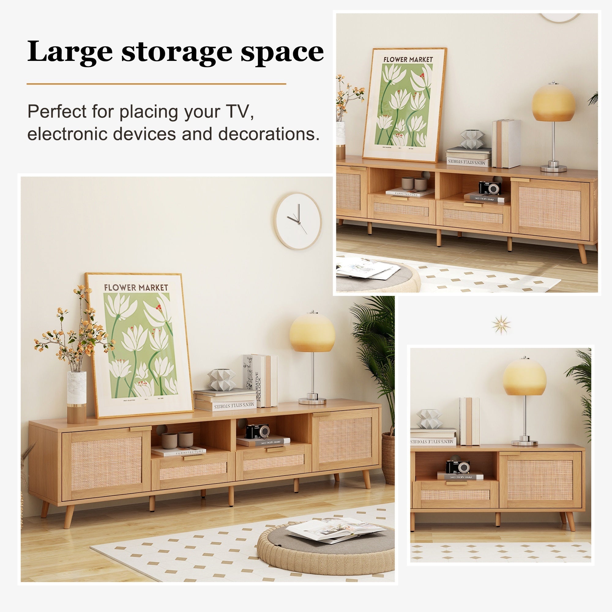 Modern Farmhouse Rattan TV Stand for TVs up to 85'', Solid Wood Legs, Media Console with MDF Board, Living Room Entertainment Center in Wood Finish - Grand Goldman Shop