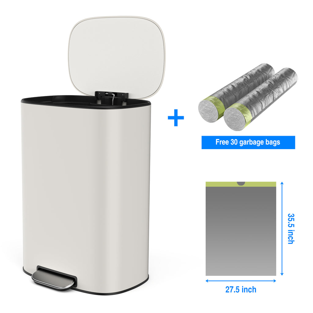 13 Gallon 50L Kitchen Foot Pedal Operated Soft Close Trash Can - Stainless Steel Ellipse Bustbin - White - Grand Goldman Shop