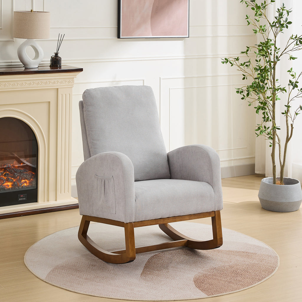 27.2'W Rocking Chair for Nursery, Polyester Glider Chair with High Back and Side Pocket, Rocking Accent Armchair with Rubber Wood Legs for Living Room/Bedroom.Light Gray - Grand Goldman Shop