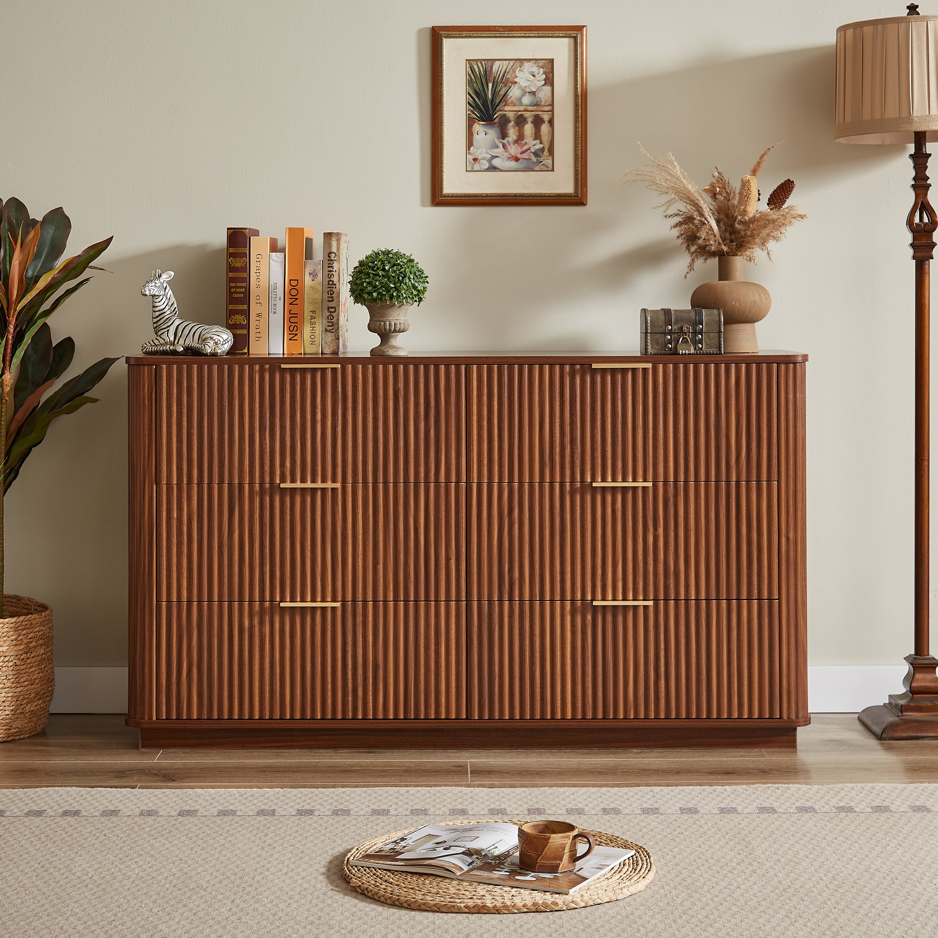 6 Drawers Dresser,55' Wide Modern Chest of Drawers Curved wave Design, Dresser TV Stand, Wood Drawer Organizer for Bedroom, Living Room, Hallway, Walnut,55.12''W x 15.75''D x 31.5''H. - Grand Goldman Shop