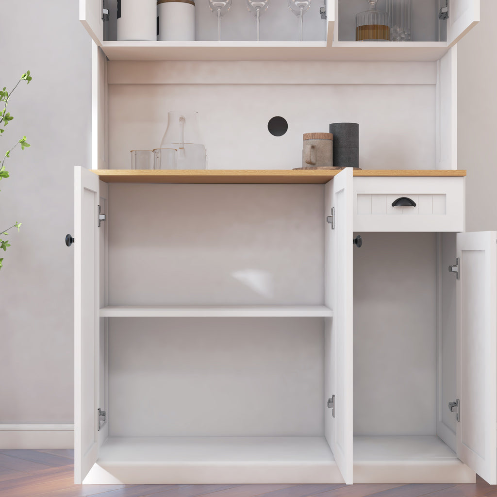 71' Kitchen Pantry Storage Cabinet with Microwave Oven Countertop, Freestanding Hutch Cabinet with Adjustable Shelves, 6 Doors and 1 Drawer-White - Grand Goldman Shop