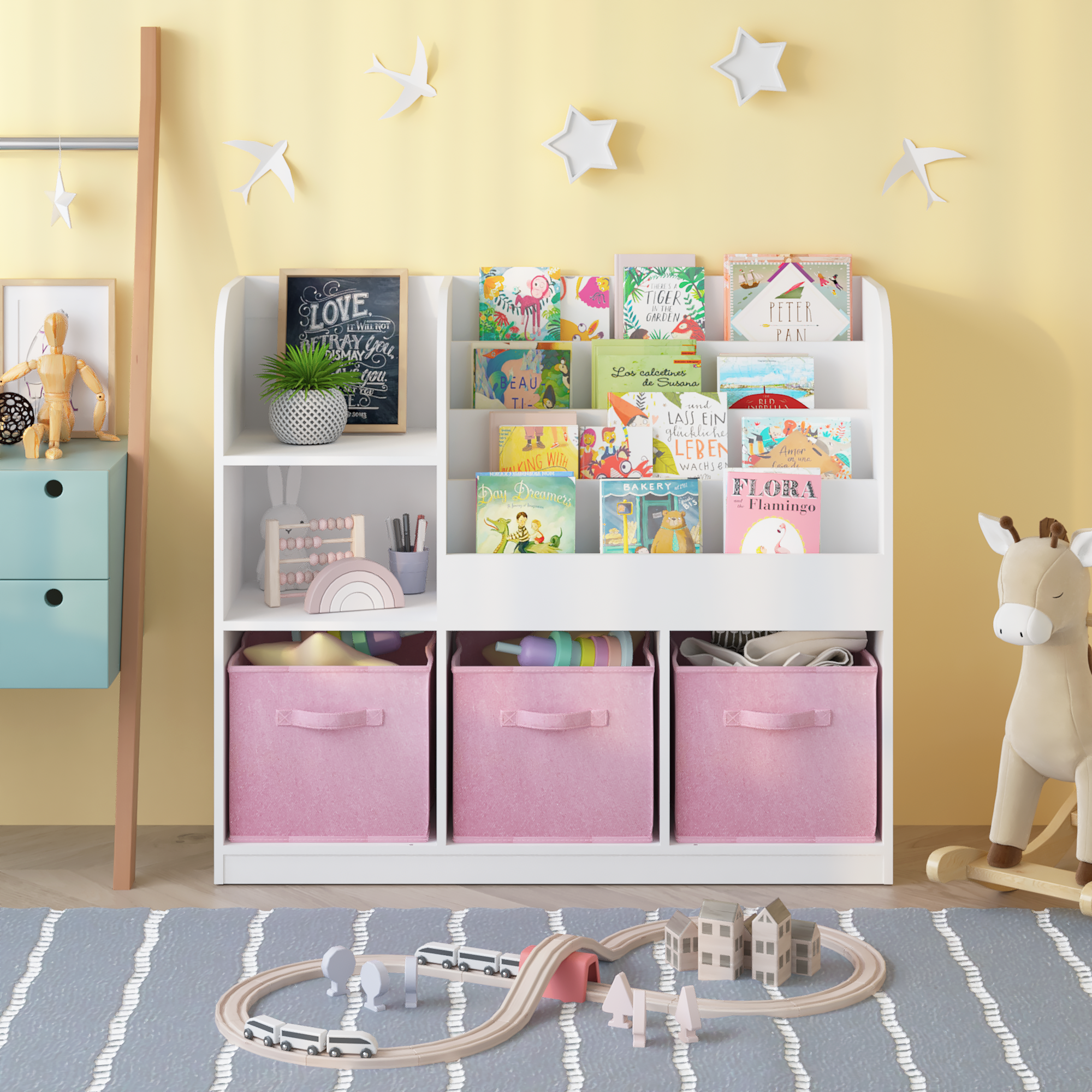 Kids Bookcase and Bookshelf with 3 Collapsible Fabric Drawers, Multifunctional White/Pink Display Stand for Bedroom, Playroom