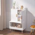 Kids Toy Storage Cabinet with Doors and Open Shelf, White Modern Wooden Organizer with Natural Wood Legs, Toddler Bookshelf f