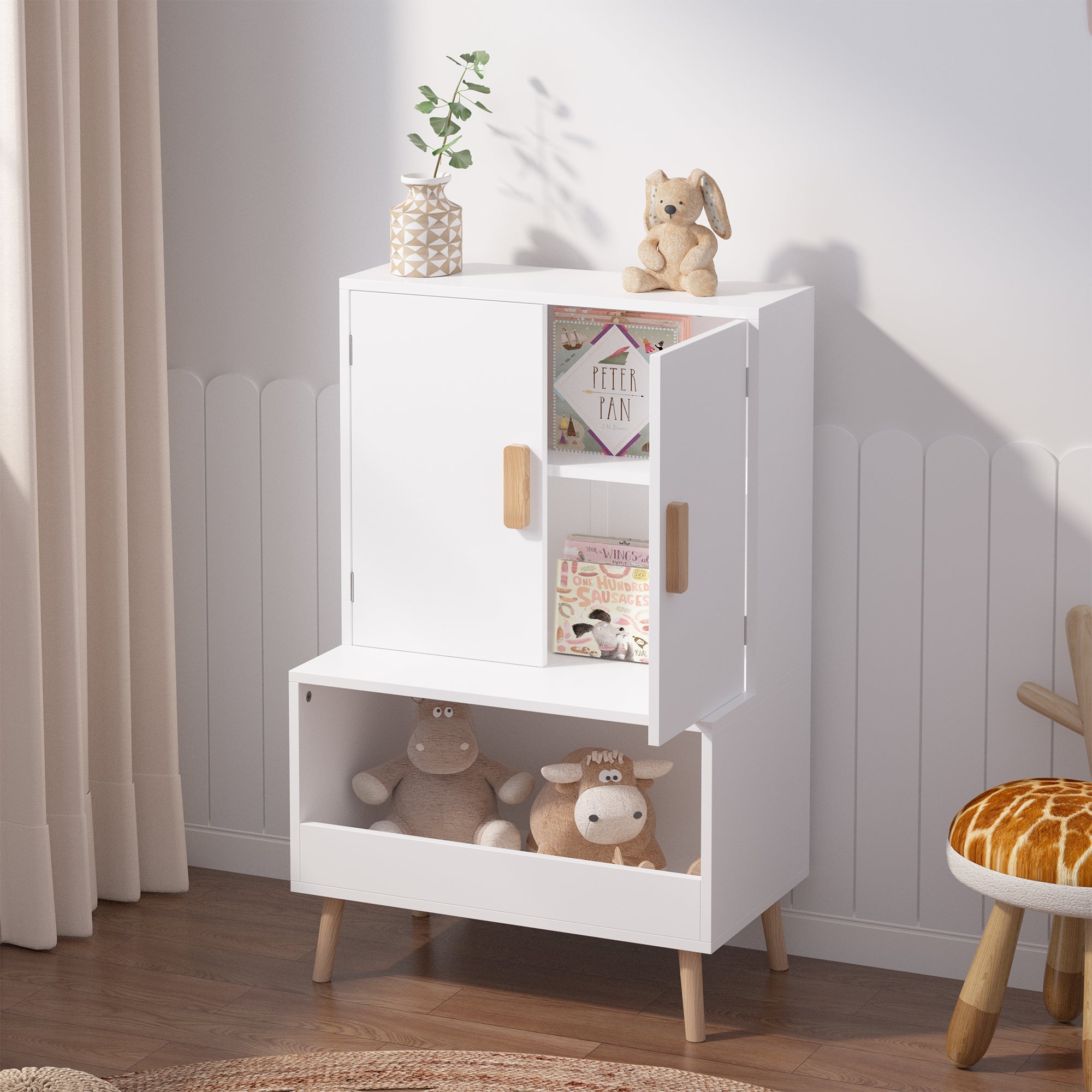 Kids Toy Storage Cabinet with Doors and Open Shelf, White Modern Wooden Organizer with Natural Wood Legs, Toddler Bookshelf f